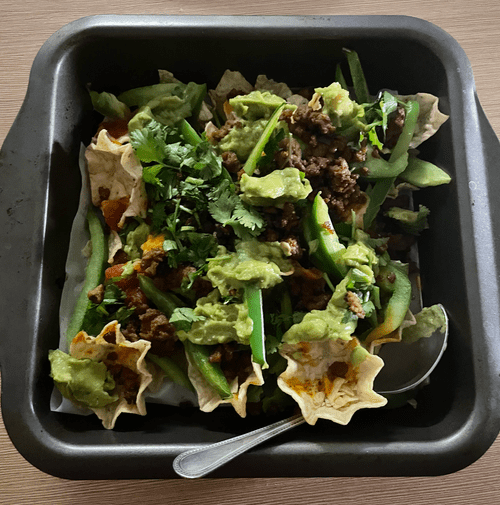 loaded nachos w/ beyond meat (notice the lack of cheese)
